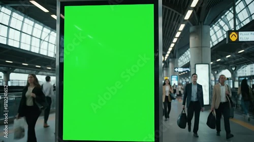 Wallpaper Mural Vertical Green Screen Digital Billboard in Modern Transit Station with People Walking Torontodigital.ca