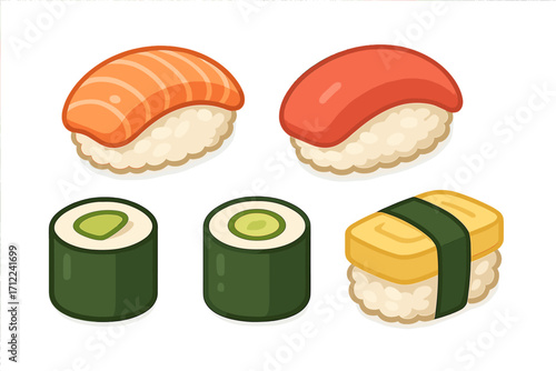 Assortment of traditional Japanese sushi and maki rolls with salmon, tuna, and tamagoyaki on white background