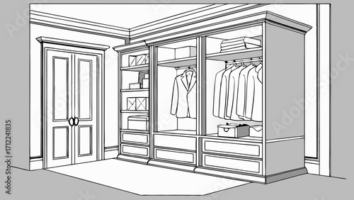 Walk-in Closet Interior Design Wardrobe Sketch Built-in Storage Custom Closet System Home Organization Furniture Design Room Plan Interior Design Sketch Clothing Storage Space Planning.