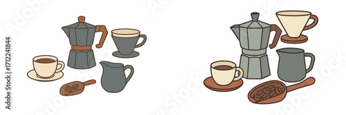 Assortment of coffee essentials like a moka pot, hot beverage cup, creamer, and scoop of roasted beans