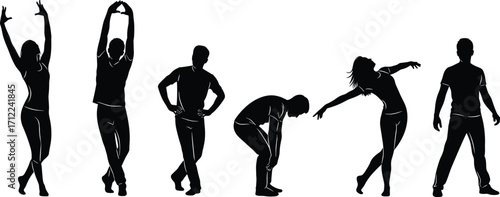 Silhouette dancers and fitness enthusiasts in various poses, exercise movements, stretching, choreography, active lifestyle, body workout, dance routine vector illustration