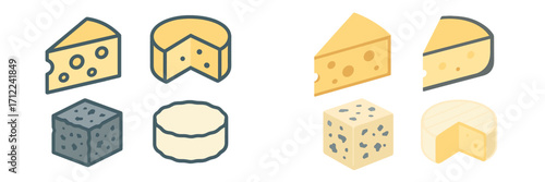 Variety of cheese types presented as graphic icons, showcasing different shapes like wedges, wheels, and cubes