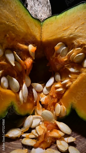 Cutting orange pumpkin with seeds close up. Food photography