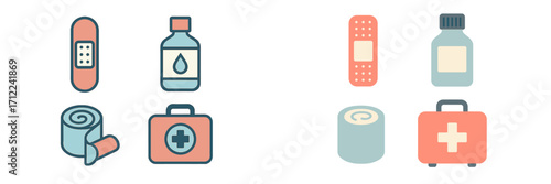 Essential first aid supplies collection with bandages, antiseptic, and a medical kit for emergency preparedness