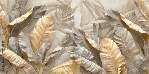 Wallpaper with beige and grey leaves of banana tree, the leaves are in different sizes and shades, the leaves are in beige color, the background