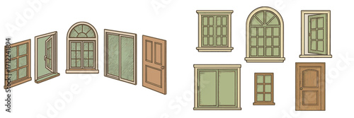 Assortment of architectural windows and doors in diverse styles and perspectives for building design and home decor