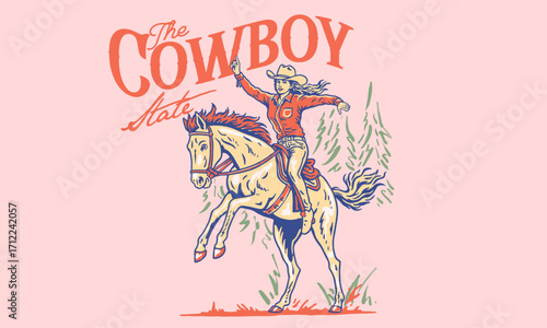  Vintage cowgirl artwork of cowgirl riding a horse for t shirt print, poster. Retro Wyoming rodeo vector illustration.