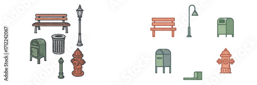 Various urban street furniture and public park elements including benches, lampposts, and trash cans