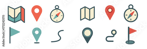 Comprehensive collection of navigation and location icons for travel, mapping, and geographic applications