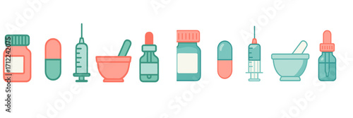 Assortment of medical and pharmaceutical supplies featuring capsules, syringes, dropper bottles, and mortar and pestle