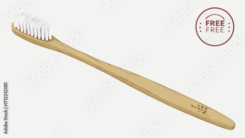 Wooden toothbrush with white bristles isolated on white background eco-friendly oral hygiene product sustainable dental care illustration.