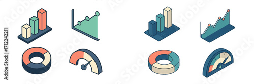 Isometric data visualization charts, graphs, and gauges for business analytics, financial reporting, and marketing insights