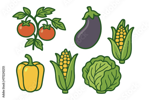 Vibrant assortment of fresh garden vegetables including ripe red tomatoes, purple eggplant, yellow corn, bell pepper, and green cabbage