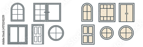 Architectural elements set featuring diverse window and door designs for building construction and home renovation projects