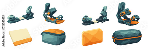 Low poly ski and snowboard bindings, geometric storage cases and pouches for winter sports equipment set