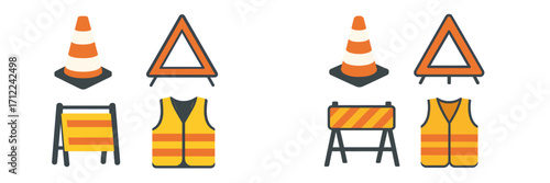 Road construction and work zone safety equipment featuring traffic cones, warning triangles, barriers, and high visibility vests