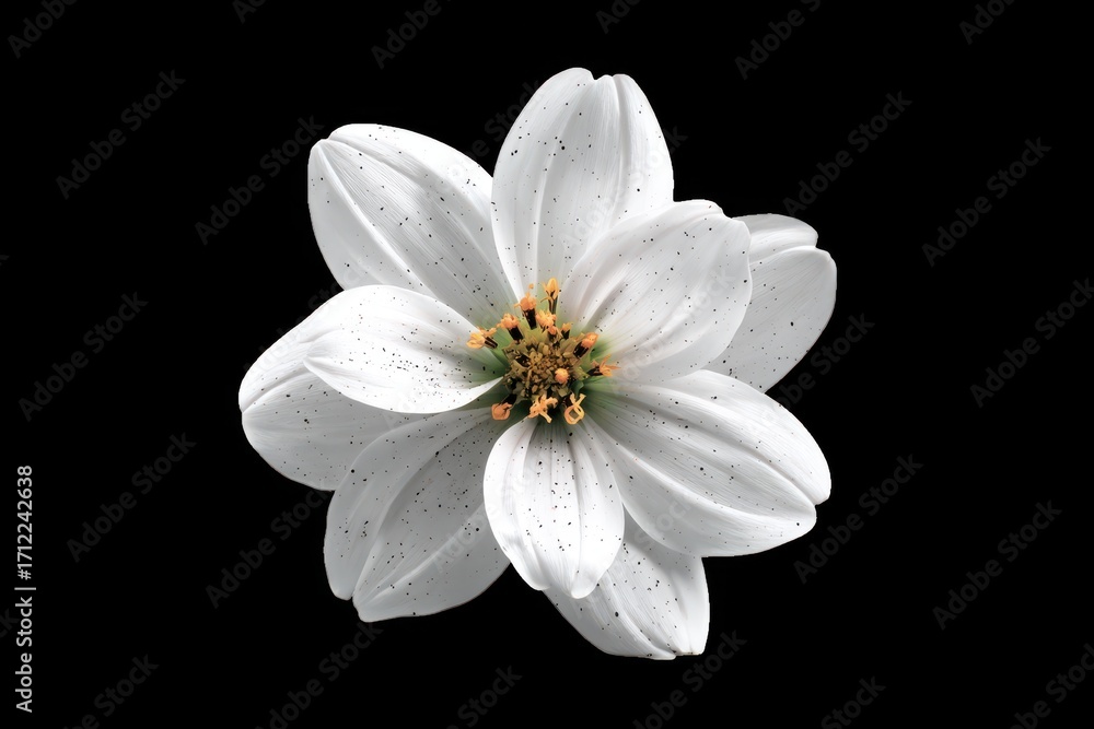 Fototapeta premium Striking white anemone flower in bloom with yellow stamen, isolated on a black background.