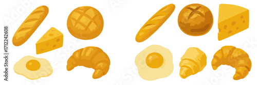 Variety of fresh baked goods and breakfast food elements including baguette round bread cheese croissant fried egg