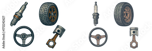Automotive spare parts set including spark plug, car wheel, steering wheel, and engine piston for vehicle repair