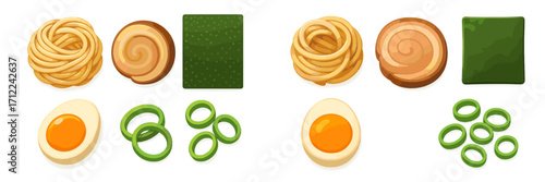 Collection of ramen noodle soup ingredients including noodles, sliced pork, seaweed, soft boiled egg, and green onions