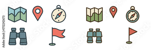 Essential navigation and outdoor exploration icons: map, compass, location pin, binoculars, flag