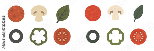 Delicious pizza toppings collection with pepperoni, mushrooms, olives, basil, bell peppers, and sliced tomatoes