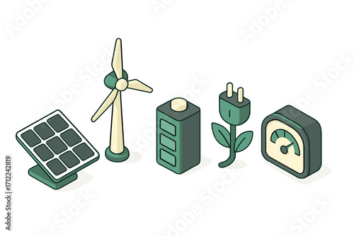 Sustainable energy sources and green power generation technology featuring solar panel, wind turbine, battery, and eco plug