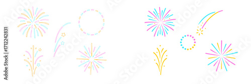 Assortment of colorful festive fireworks bursts, sparkling light effects, and abstract celebratory elements