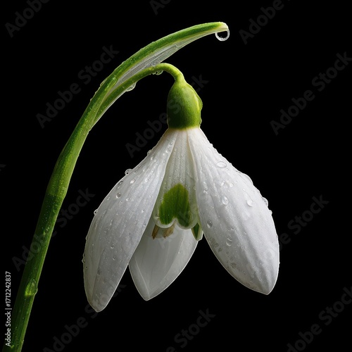 White spring flowers, including lily of the valley and snowdrop with sparkling dew drops, blossom in the garden, showing the floral detail of these beautiful nature plants.