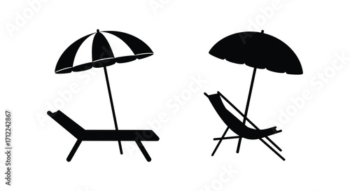 Black and white illustration depicting beach umbrellas and lounge chairs