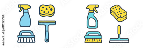 Essential household cleaning supplies set including spray bottles, sponges, brushes, and squeegees for hygiene and sanitation