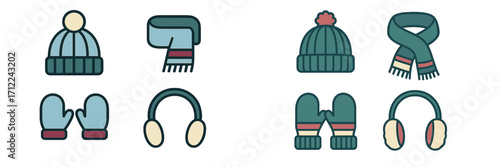 Assortment of winter clothing accessories featuring knitted hats, scarves, mittens, and earmuffs for cold weather