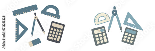 Essential school and math supplies including rulers, protractor, compass, and calculators for education and learning