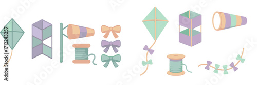 Pastel colored kites wind socks wind spinners bows and decorative elements for outdoor activities and celebration