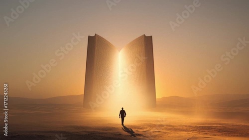 Open Bible with Divine Light in Desert, Silhouette Man Walking Toward Spiritual Enlightenment, Christian Faith Concept Video