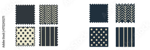 Collection of fabric swatches displaying diverse patterns including solid, chevron, polka dot, and stripes in a modern navy and cream color palette