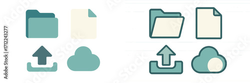 Collection of digital file management icons including folder document upload and cloud storage symbols for modern web and app interfaces
