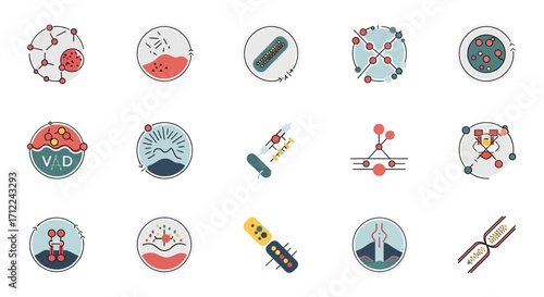 Science icons set - lab equipment, DNA, cells, molecules.