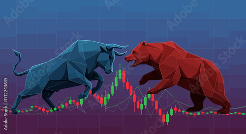 Geometric Silhouette of Bull and Bear Fighting over Stock Market Candlestick Chart Vector