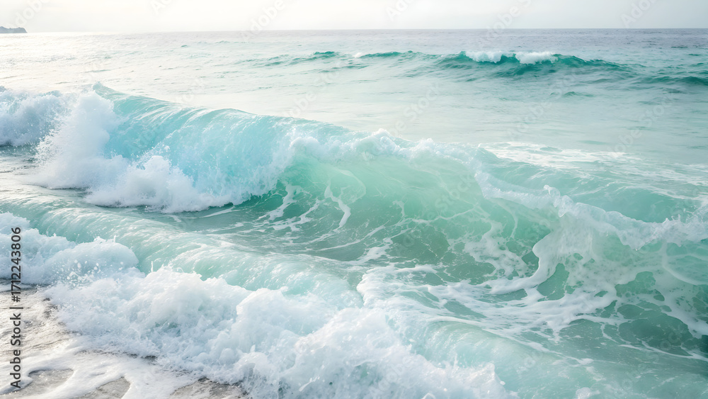 Fototapeta premium Turquoise ocean waves crashing on sandy shoreline serene beach landscape