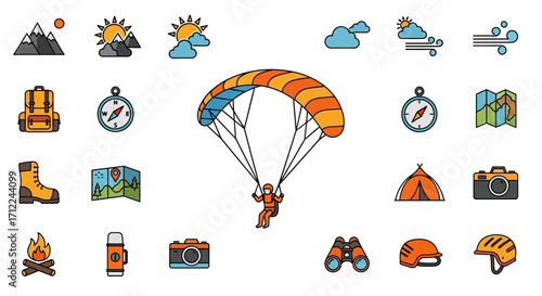 Set of Colorful Hand Drawn Icons for Outdoor Adventure.