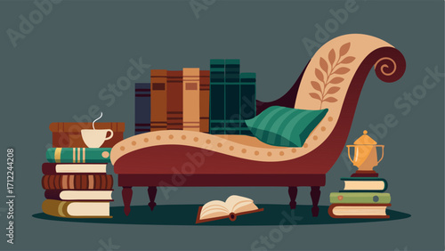 A reading nook with a vintage chaise lounge antique rug and an eclectic collection of old books.