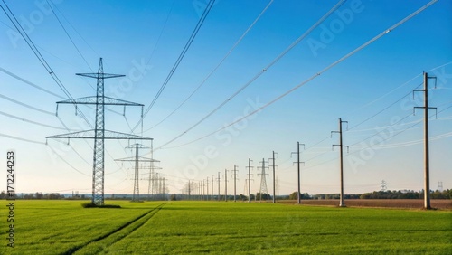 Wallpaper Mural A clear blue sky above a vast green field, featuring multiple power lines that stretch into the distance, showcasing energy infrastructure. Torontodigital.ca
