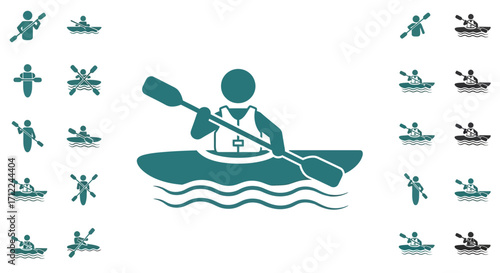Set of green kayaking and canoeing vector icons.