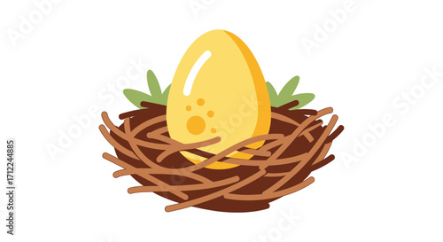 Shiny golden egg with a paw print in a bird nest.