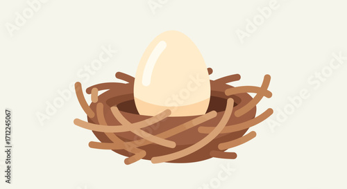 Single white egg resting in a brown birds nest.