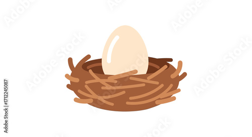 Single white egg resting in a brown birds nest.