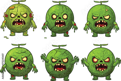 Cartoon Zombie Melon Characters with Slime, Wounds, and Angry Expressions for Halloween, Horror Game, Funny Fruit Monster Vector Illustration