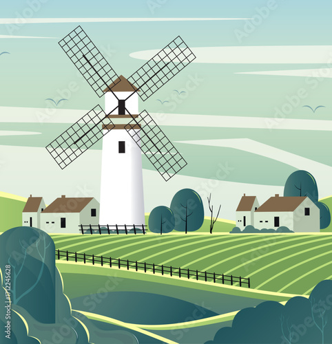 Sketch illustration of countryside landscape with windmills and farm