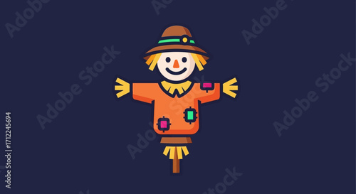 Smiling scarecrow with straw hat and arms outstretched, autumnal colors.